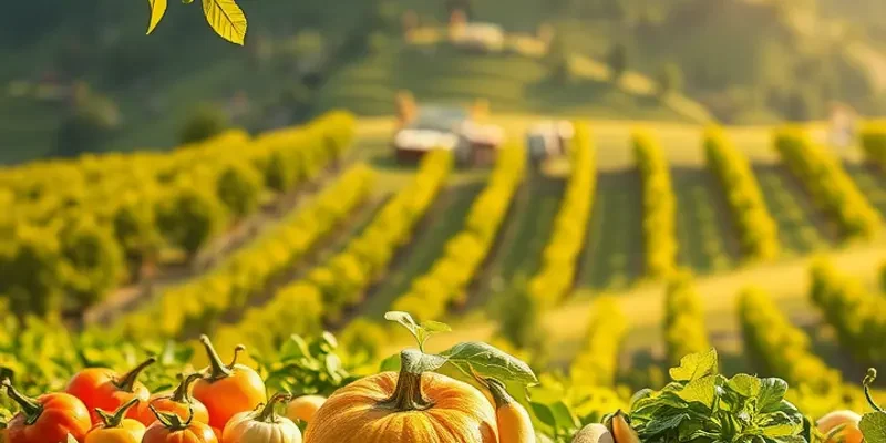 A beautiful landscape of organic produce, representing healthy eating.