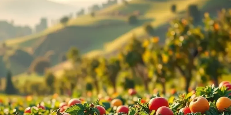 A picturesque scene featuring a sunlit field filled with fresh fruits and vegetables, symbolizing healthy eating.