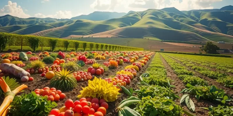 A picturesque field abundant in colorful fruits and vegetables representing healthy emotional eating.