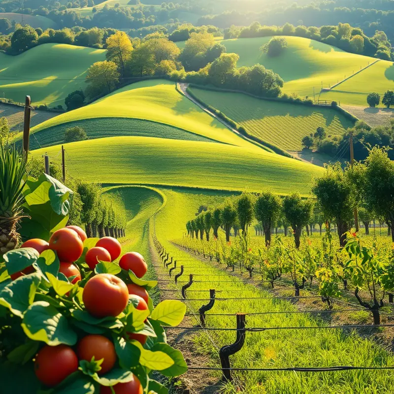 A sunlit orchard showcasing vibrant fruits and vegetables, symbolizing the abundance of healthy nutrition.