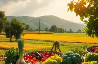 A beautiful landscape filled with healthy fruits and vegetables in a sunlit orchard.