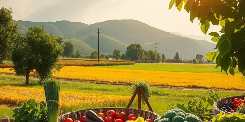 A beautiful landscape filled with healthy fruits and vegetables in a sunlit orchard.
