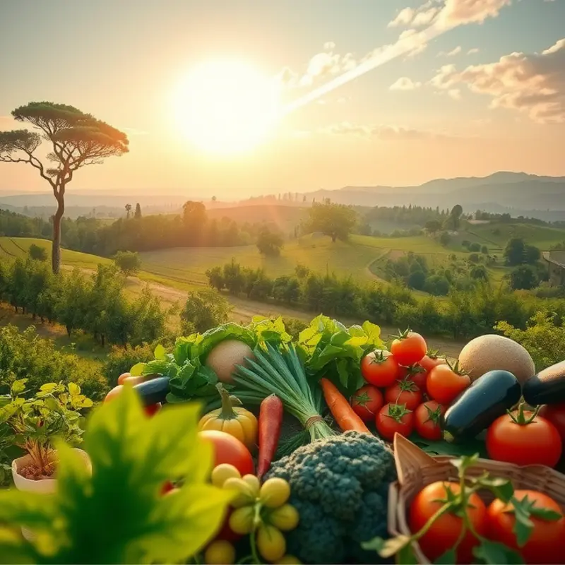An illustration of various healthy food sources rich in dietary fats, set in a vibrant natural landscape.
