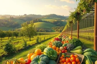 Photorealistic landscape showcasing a colorful array of organic vegetables and fruits surrounded by nature.