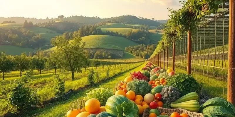 Photorealistic landscape showcasing a colorful array of organic vegetables and fruits surrounded by nature.