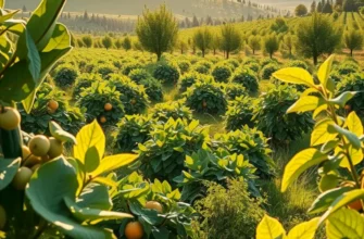 A scenic landscape filled with organic vegetables and fruits in a lush field.