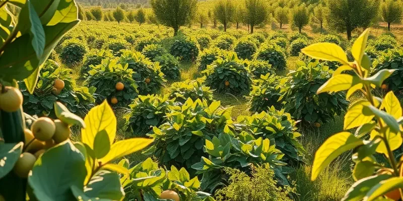 A scenic landscape filled with organic vegetables and fruits in a lush field.