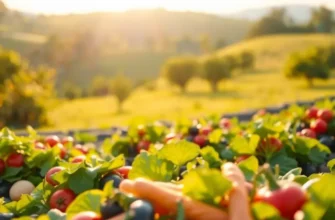 A serene landscape featuring fresh vegetables and fruits amidst lush greenery.