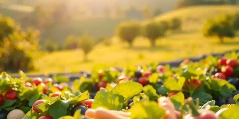 A serene landscape featuring fresh vegetables and fruits amidst lush greenery.