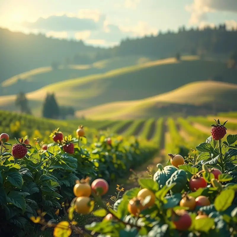A serene landscape featuring abundant fresh fruits and vegetables in a natural setting.