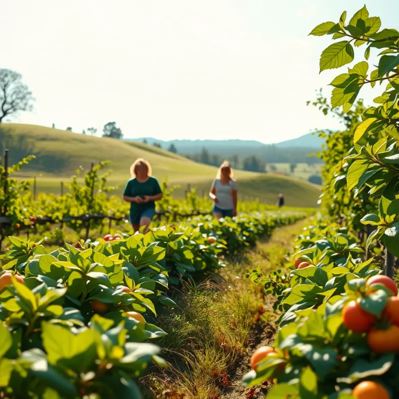 A sunlit orchard filled with vibrant vegetables and fruits, depicting nature’s organic abundance.
