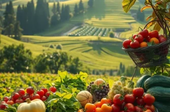 A vibrant garden landscape filled with organic vegetables and fruits, symbolizing health and wellness.