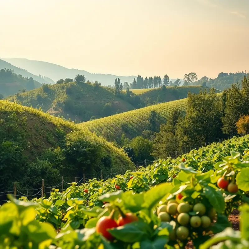 A picturesque landscape of vibrant fruits and vegetables in a natural setting.
