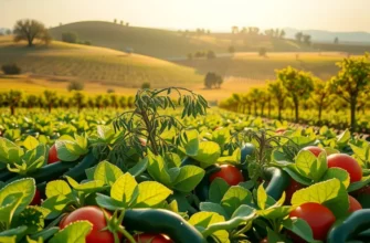 A scenic view of a healthy harvest field filled with ripe organic produce and lush greenery.