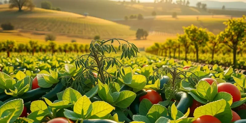 A scenic view of a healthy harvest field filled with ripe organic produce and lush greenery.