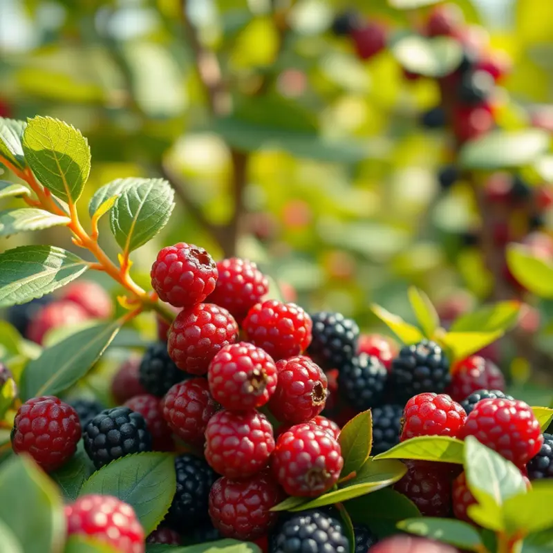 A sunlit field showcasing vibrant mulberries growing naturally in lush greenery.