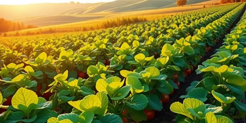 A sunny landscape displaying an array of organic fruits and vegetables in a vibrant, natural setting.