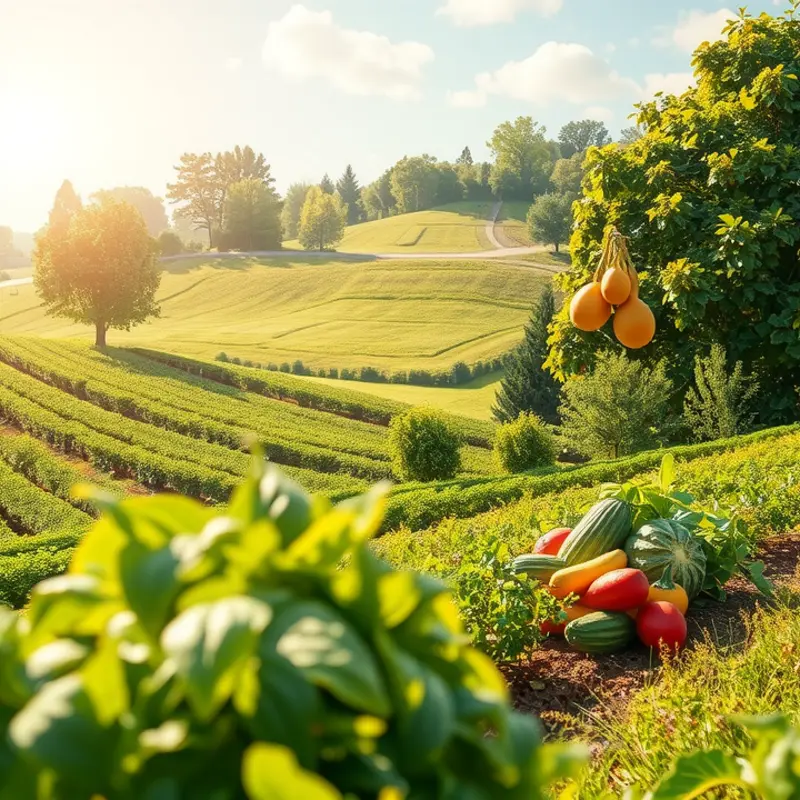 A sunlit Mediterranean landscape showcasing vibrant vegetables and fruits.