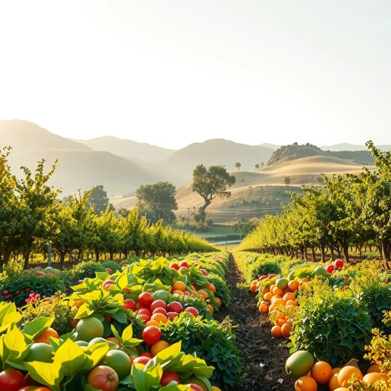 A vibrant sunlit field showcasing fresh, organic vegetables and fruits.