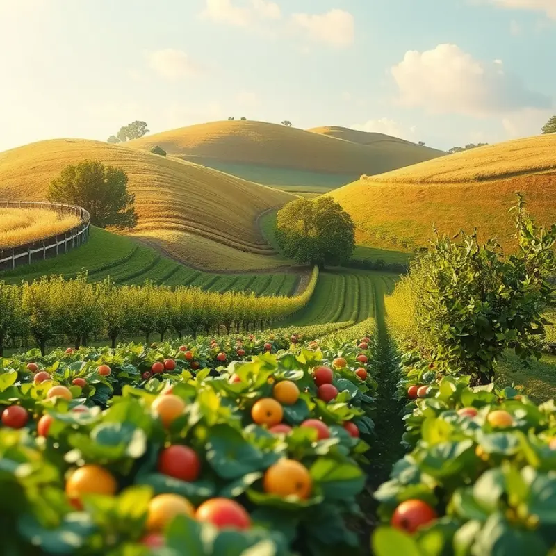 A lush, sunlit field abundant with organic vegetables and fruits.