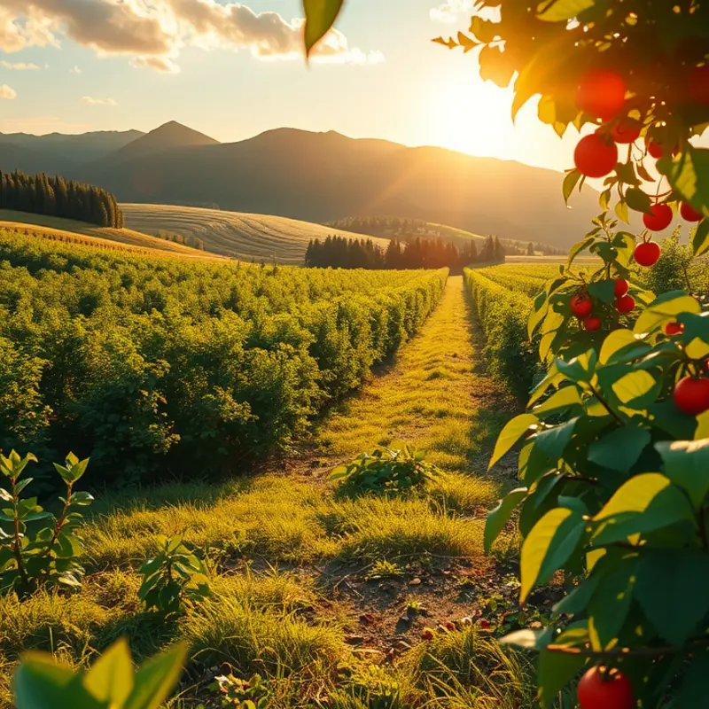 A vibrant orchard showcasing the abundance of organic fruits and vegetables under soft sunlight.