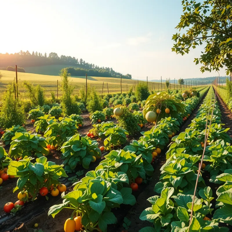 An idyllic orchard with ripe vegetables and fruits, symbolizing abundance in meal planning.