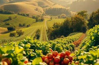 Natural scenery depicting a sunlit field filled with fresh vegetables and fruits.