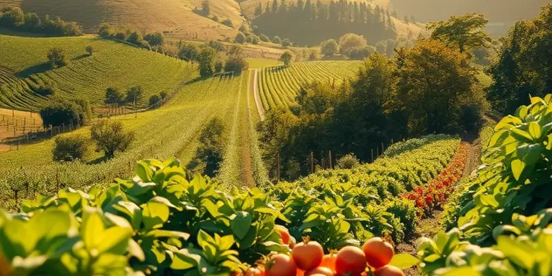 Natural scenery depicting a sunlit field filled with fresh vegetables and fruits.