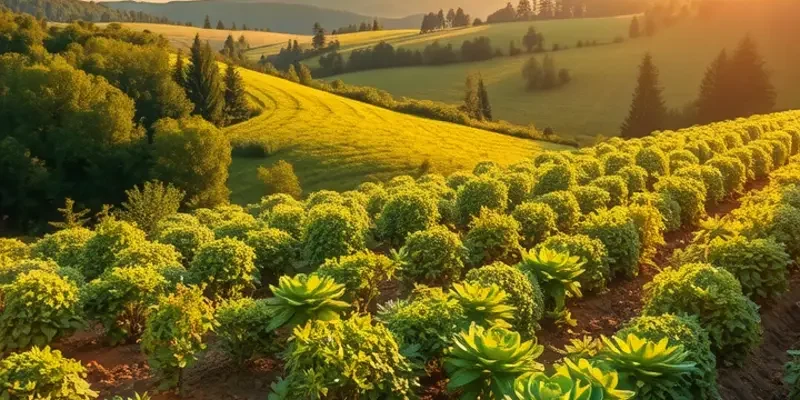 A sunlit field full of diverse organic produce.