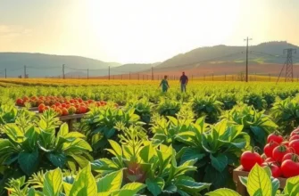 Photorealistic landscape of a sunny orchard filled with vibrant fruits and vegetables in a lush setting.