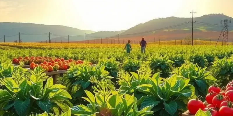Photorealistic landscape of a sunny orchard filled with vibrant fruits and vegetables in a lush setting.