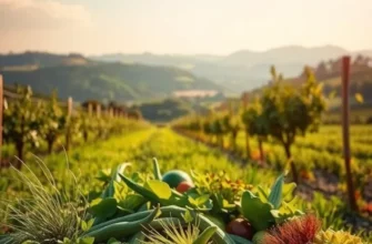 A scenic view of natural nutrition with fruits and vegetables in a sunny environment.