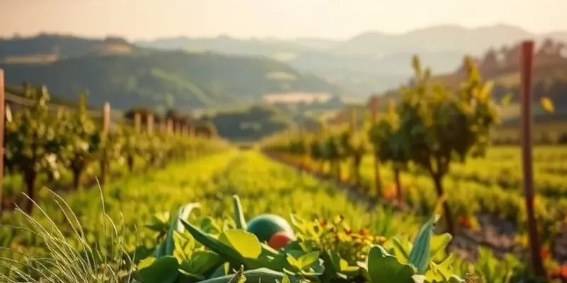 A scenic view of natural nutrition with fruits and vegetables in a sunny environment.