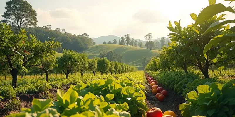 A bright field showcasing an abundant growth of vegetables and fruits under natural sunlight.