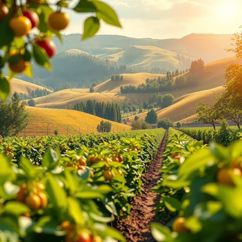 A vibrant sunlit orchard filled with fresh fruits and vegetables.