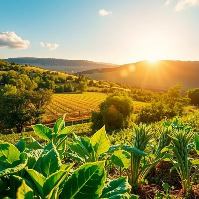 A sunlit landscape with vibrant crops representing healthy nutrition.