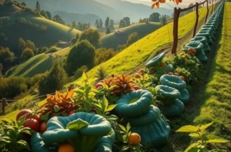 A photorealistic landscape featuring lush fields, ripe produce, and a serene atmosphere.
