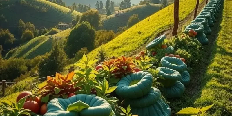 A photorealistic landscape featuring lush fields, ripe produce, and a serene atmosphere.