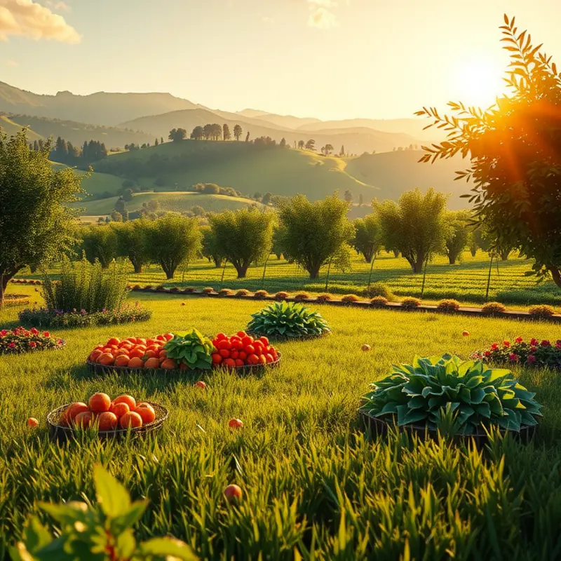 A serene field showcasing vibrant vegetables and fruits under soft sunlight.