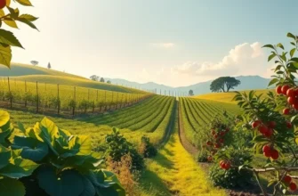 A sunlit landscape filled with fresh fruits and vegetables growing naturally in a lush environment.
