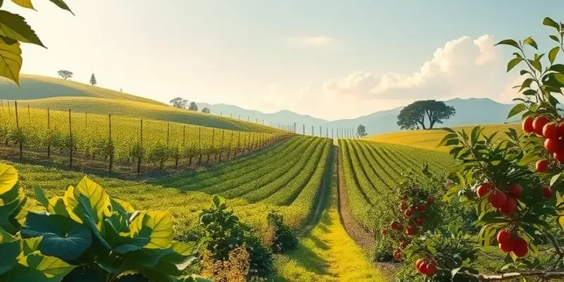 A sunlit landscape filled with fresh fruits and vegetables growing naturally in a lush environment.