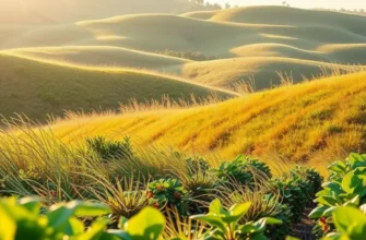 A serene field filled with fresh fruits and vegetables under warm sunlight.
