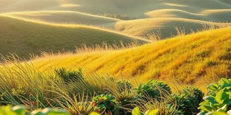 A serene field filled with fresh fruits and vegetables under warm sunlight.