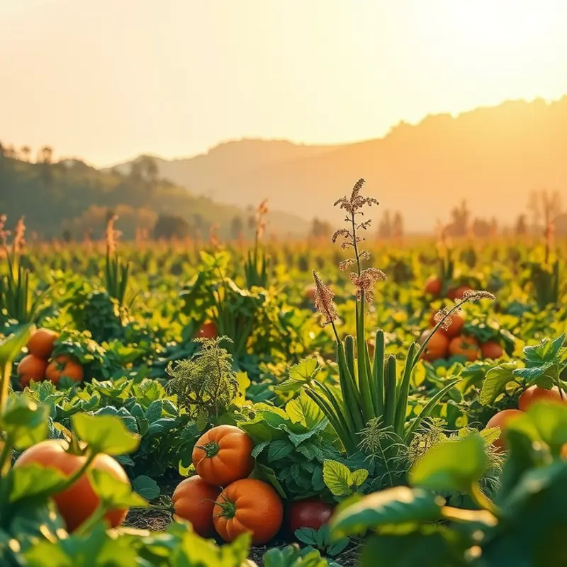 A serene sunlit field showcasing lush vegetables and fruits.
