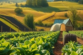 A scenic sunlit orchard filled with healthy vegetables and fruits in an organic landscape.