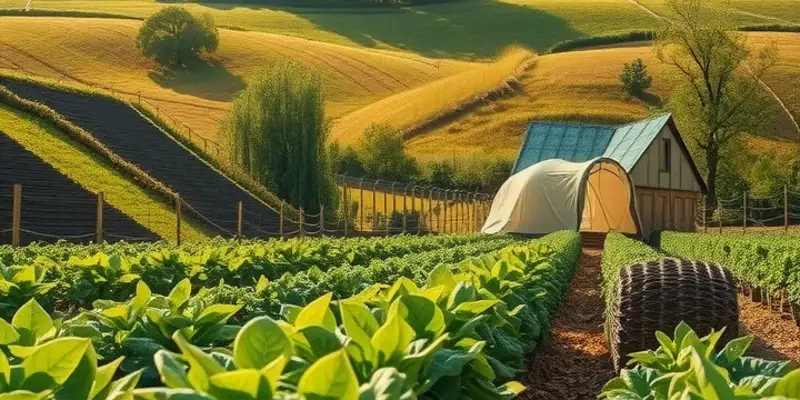 A scenic sunlit orchard filled with healthy vegetables and fruits in an organic landscape.