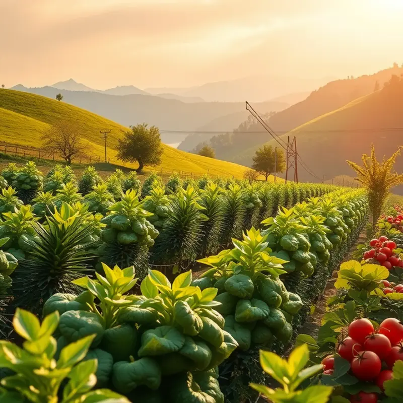 A serene landscape illustrating an abundance of organic produce in nature.