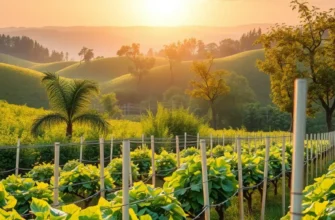 A scenic orchard filled with an array of fresh fruits and vegetables under natural lighting.