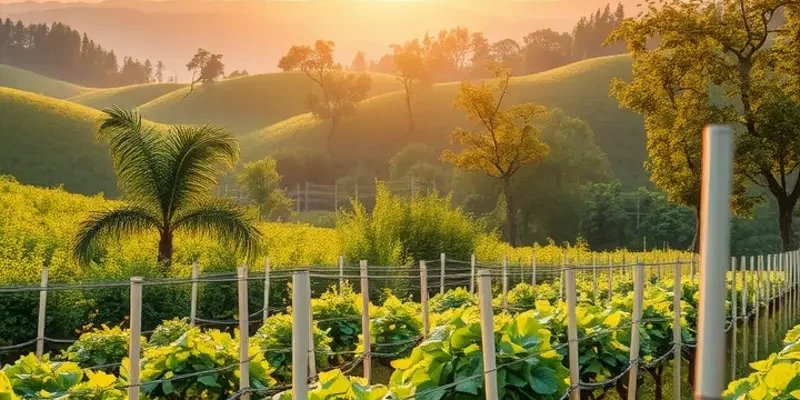 A scenic orchard filled with an array of fresh fruits and vegetables under natural lighting.