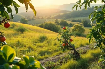 A serene landscape featuring a variety of vibrant fruits and vegetables against a backdrop of lush greenery.